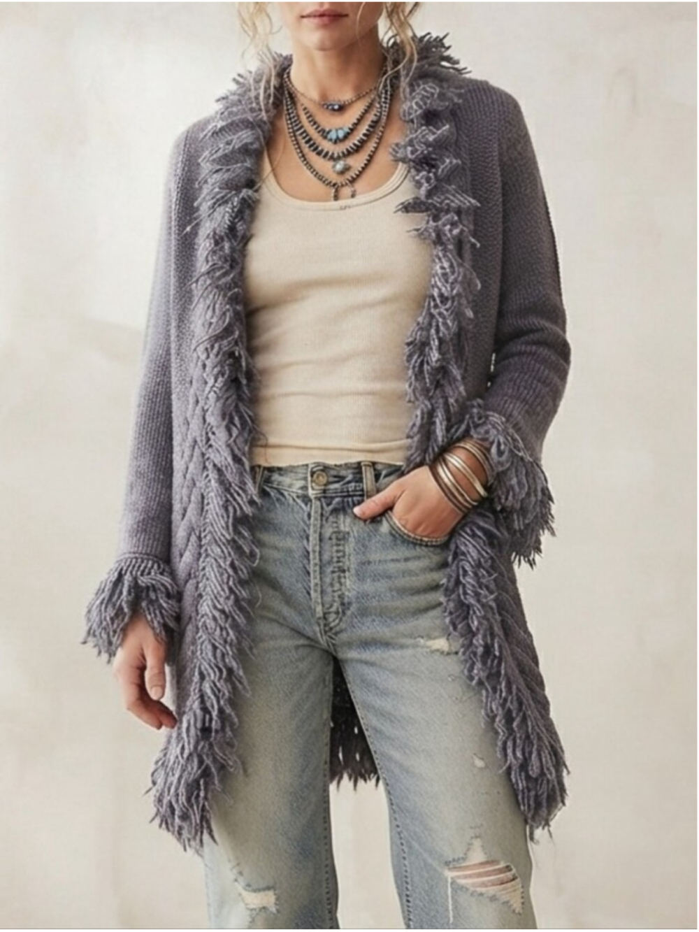 Y2K Wool Blend Penny Lane Cardigan Purple Fringe Cuff And Collar Cabel Knit Sz L